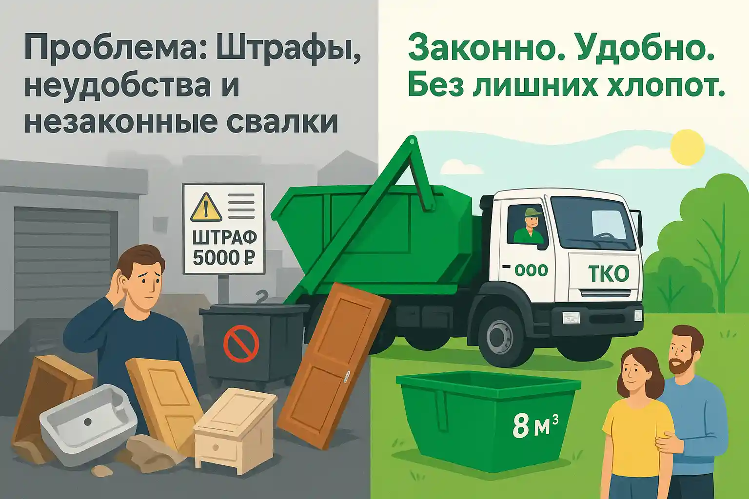 Реклама услуги вывоза и утилизации крупногабаритного мусора: на одной стороне незаконные свалки и штрафы, на другой — чистый двор, контейнер и машина ТКО, семейная пара улыбается, надпись 'Законно. Удобно. Без лишних хлопот.'"
