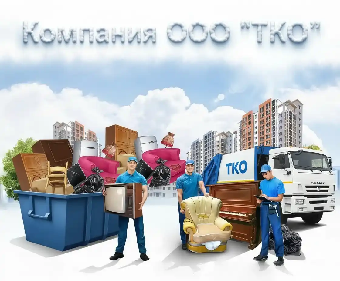 Три сотрудника компании ТКО в Подольске с мебелью и документами, на фоне грузовиков мусоровозов для вывоза и утилизации старой мебели