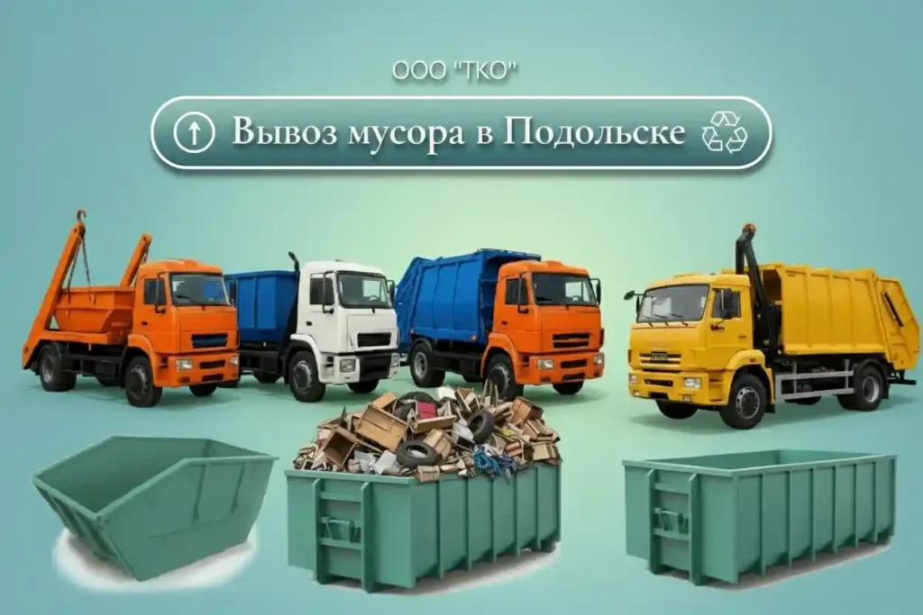 Группа мусоровозов разных цветов и контейнеров для сбора и временного хранения крупногабаритных отходов, рекламное изображение компании ООО ТКО.”